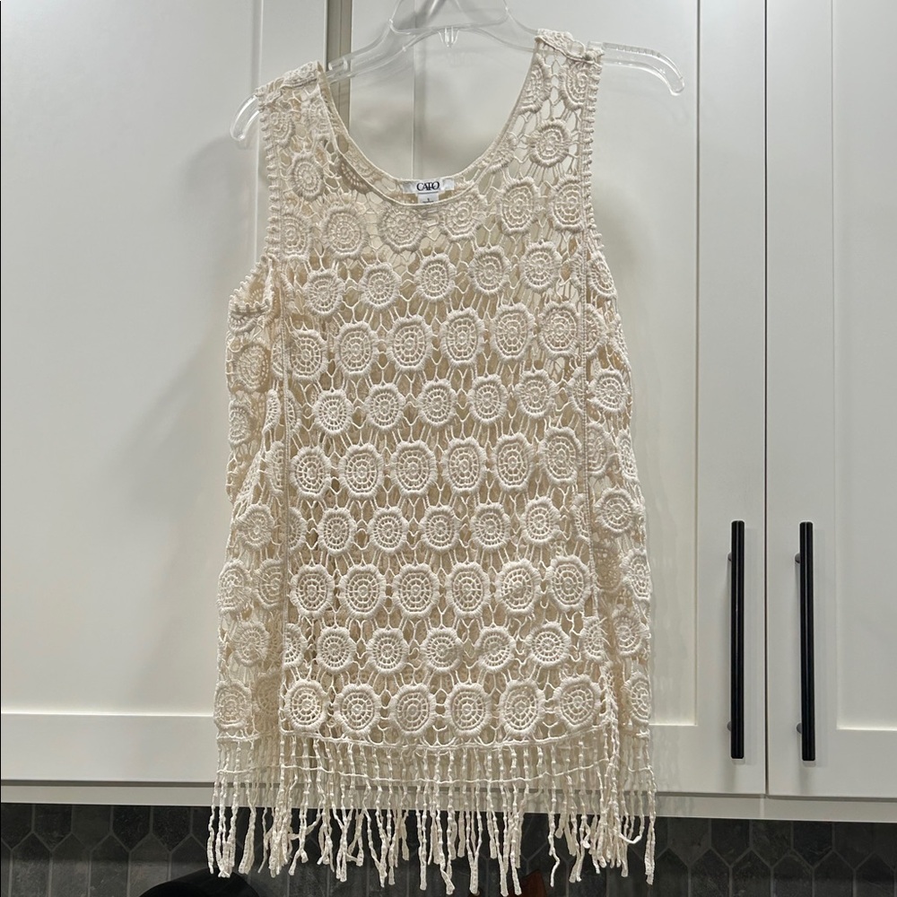 Cato Beige Crochet Fringe Tank